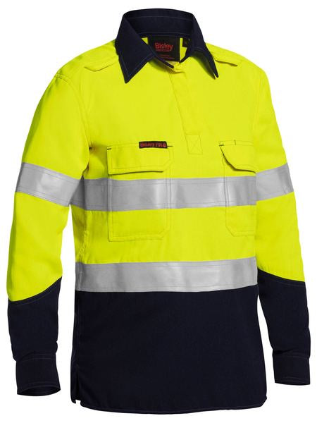 BLC8075T BISLEY LADIES TENCATE TECASAFE PLUS TAPED TWO TONE HI VIS FR CLOSED FRONT SHIRT WITH CONCEALED FRONT PLACKET - LONG SLEEVE - ON THE GO SAFETY & WORKWEAR