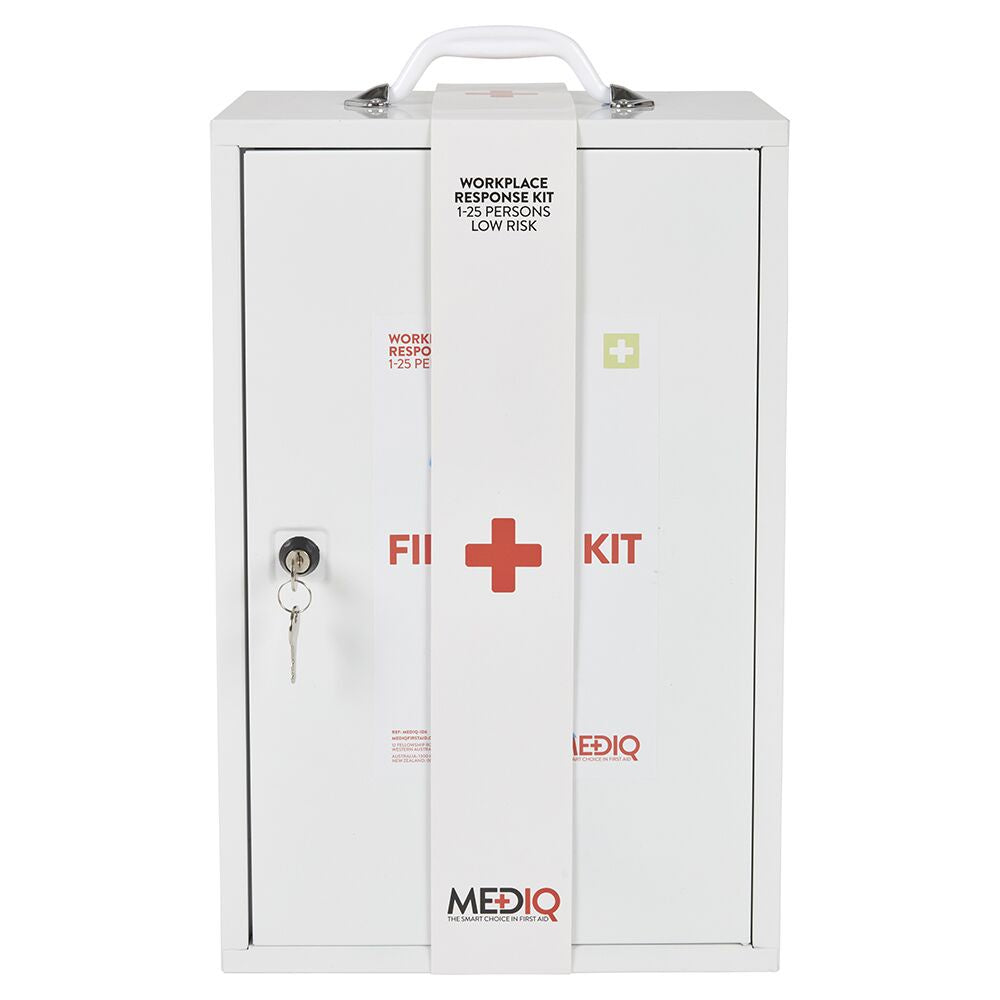 MEDIQ Essential First Aid Kit Workplace Response - White Metal Wall Cabinet Low Risk 1-25 Persons FAEWM