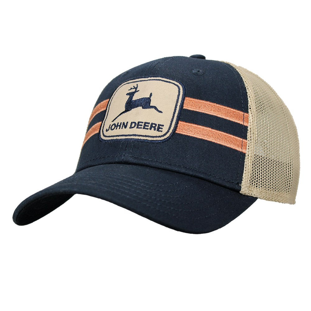 John Deere LP79645-JD Vintage Logo Trucker Mesh Racing Stripe Cap-Navy/Tan