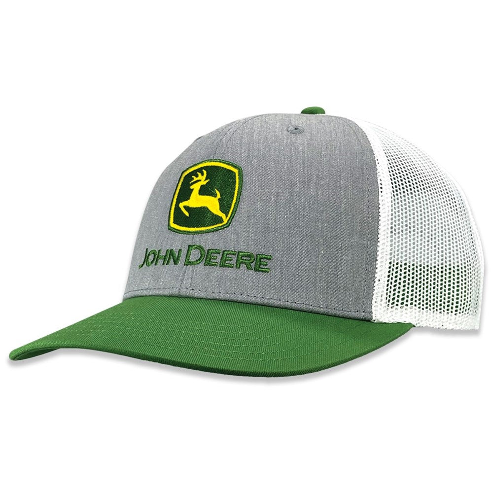 John Deere LP86116-JD Trademark Logo Trucker Mesh Cap-Heather Grey/Green/White