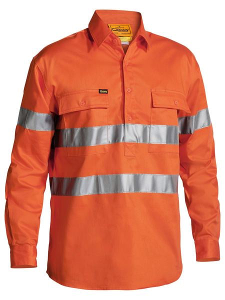 BISLEY Hi Vis 3M Reflective Tape Closed Front Mens Drill Long Sleeve Shirt BTC6482
