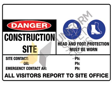 898LC DANGER CONSTRUCTION SITE - 3 PANELS - CORFLUTE SIGN 600x450mm