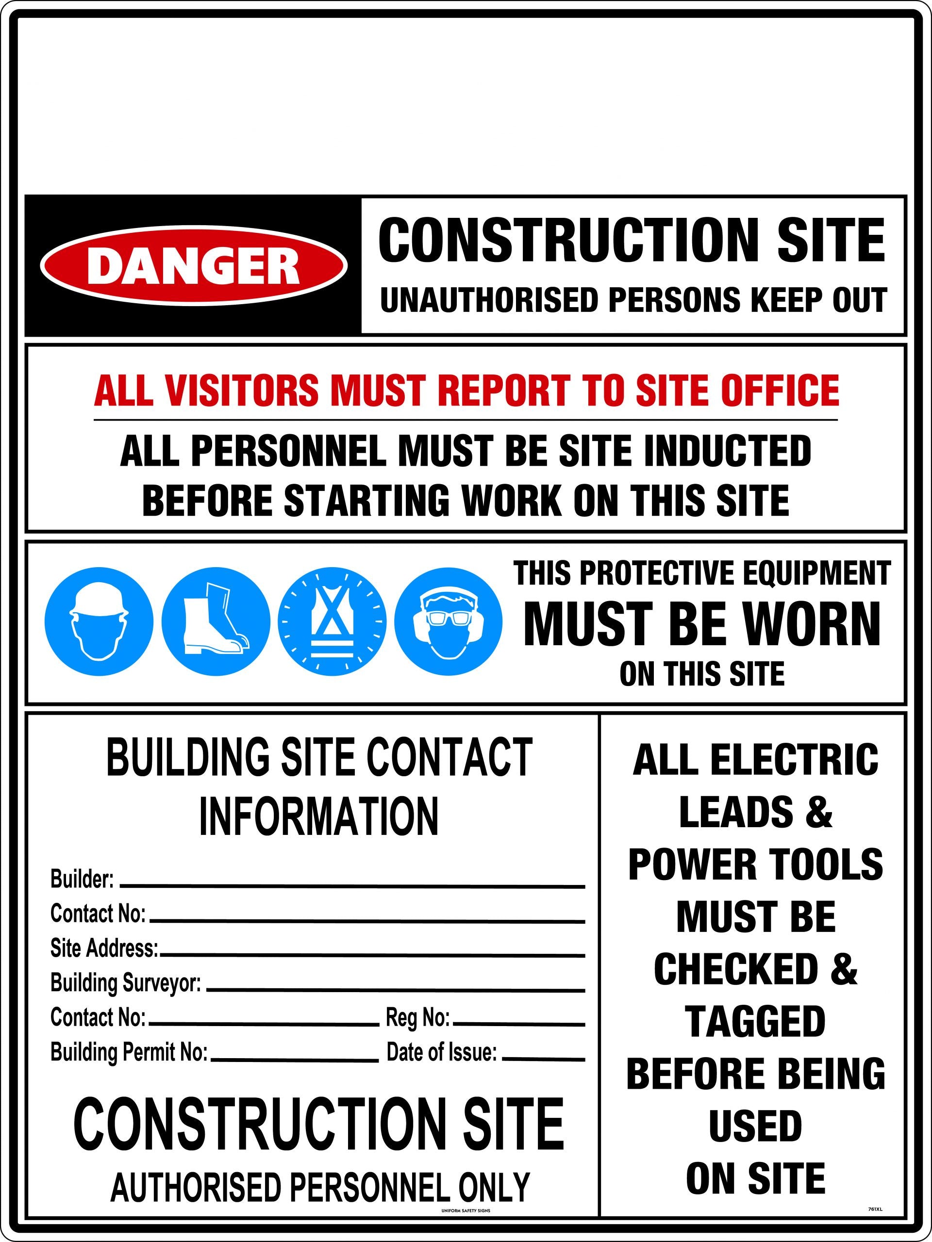 Construction Site Safety Requirements [With Building Site Contact Information] (Customer Logo:____) Metal Sign 1200x900 - 761XLM