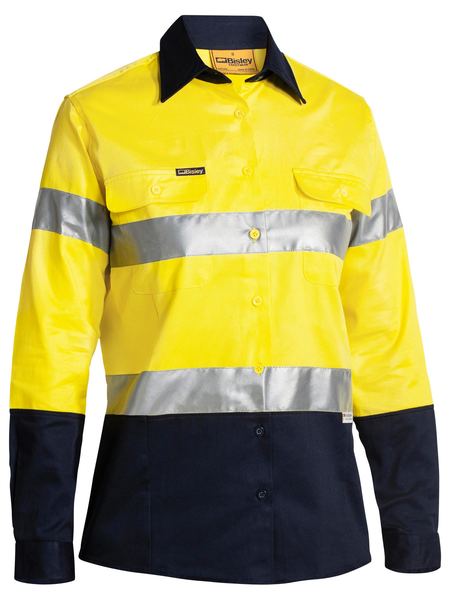 BLT6456 BISLEY LADIES 2 TONE HI VIS DRILL SHIRT 3M REFLECTIVE TAPE - LONG SLEEVE - ON THE GO SAFETY &amp; WORKWEAR