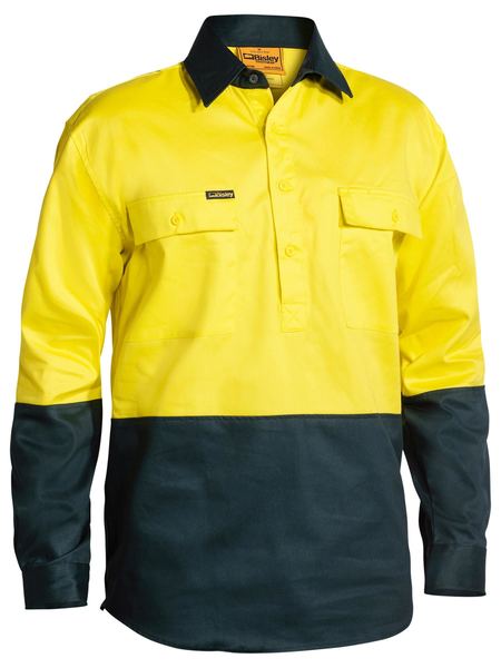 BISLEY Two Tone Hi-Vis Closed Front Long Sleeve Drill Shirt BSC6267