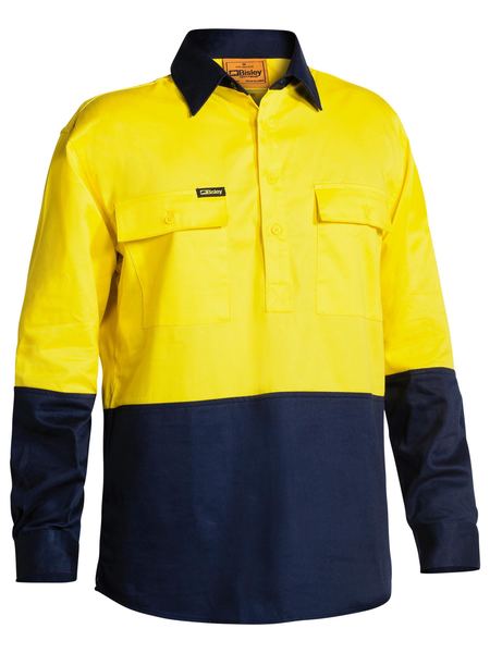BISLEY Two Tone Hi-Vis Closed Front Long Sleeve Drill Shirt BSC6267
