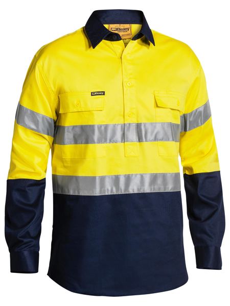 BISLEY 2 Tone Closed Front Hi Vis Drill Shirt 3M Reflective Tape - Long Sleeve BTC6456