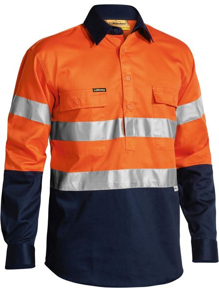 BISLEY 2 Tone Closed Front Hi Vis Drill Shirt 3M Reflective Tape - Long Sleeve BTC6456