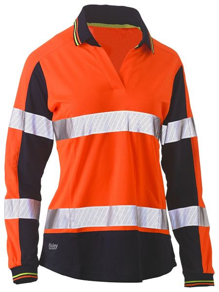 BISLEY Ladies Long Sleeve Taped Two Tone Hi Vis V-Neck Polo BKL6225T